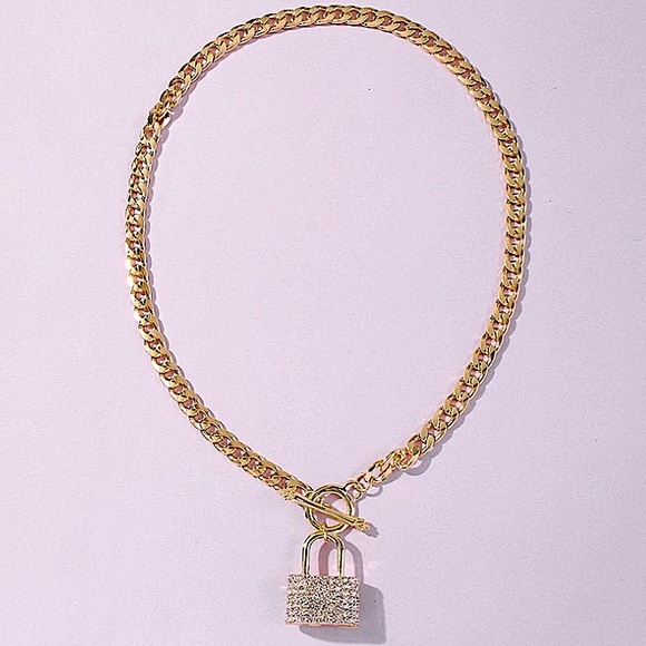Gold Lock Rhinestone Chain Link Toggle Necklace - Picture 9 of 10